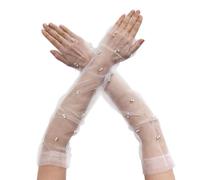 AWOCAN Femmes transparent gants longs perle Mesh tulle gants transparents gants sans doigts mariage gants de mariée Long Opera Party gloves (Blanc, L)