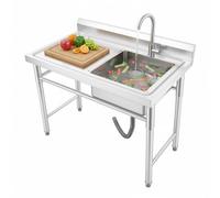 awolsrgiop Évier de camping sur pied en acier inoxydable 100 x 60 cm avec robinet et pieds de support, capacité de charge de 200 kg, pour cuisine, restaurant, laboratoire et jardin