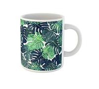 Awowee Tasse à café bleu vert motif feuilles de palmier Monstera sur l'été foncé 325 ml tasse à thé en céramique meilleur cadeau ou souvenir pour la famille, les amis, les collègues de travail