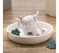 Awsaccy Porte-bague en forme de vache Highland avec plat circulaire, imprimé 3D en plastique de style rustique et bohème, mignon cadeau unique pour femme, bague de rangement pour salle de bain, bureau