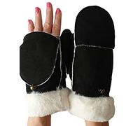 AXELENS Gants d’Hiver Femme Élégants en Cuir Suédé Écologique - Moufles Ouvrables Chaudes avec Doublure Polaire et Poignet en Fausse Fourrure - Taille S/M_Noir
