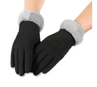 AXELENS Gants d’Hiver Tactiles Femme et Fille - Suédés en Similicuir avec Doublure Polaire et Poignet en Fourrure Douce - Taille S/M_Noir