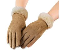 AXELENS Gants d’Hiver Tactiles Femme et Fille - Suédés en Similicuir avec Doublure Polaire et Poignet en Fourrure Douce - Taille S/M_Beige