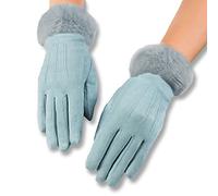 AXELENS Gants d’Hiver Tactiles Femme et Fille - Suédés en Similicuir avec Doublure Polaire et Poignet en Fourrure Douce - Taille S/M_Bleu