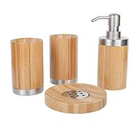 axentia 4 Pièces Ensemble d'Accessoires de Salle de Bains Bonja, Set de Salle de Bains Pratique et Elégant en Bambou, Couleur Bois/Argenté