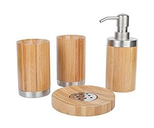 axentia 4 Pièces Ensemble d'Accessoires de Salle de Bains Bonja, Set de Salle de Bains Pratique et Elégant en Bambou, Couleur Bois/Argenté