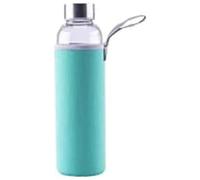 axentia Bouteille en Verre Borosilicaté, Gourde de Sport avec Couvercle en Néoprène et Bouchon à Vis, Ø env. 8 cm, Capacité 1 l, Transparent/Turquoise
