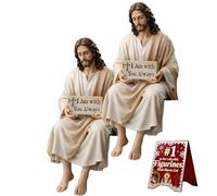 AXGCAA Figurine de Compagnon de Bureau en résine de Jésus, Statue de Jésus Je suis Toujours avec Vous, Figurine de Christ Assise Faite à la Main, Cadeau Religieux pour Les Amis de la Famille(2pcs)