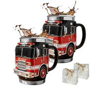 AXGCAA Tasse de secours en cas d'incendie - pour les plus courageux d'entre nous, tasse à café en acier inoxydable à double paroi en forme de camion de pompiers 3D avec couvercle anti-fuite(2 pcs)