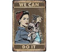 AXHNG Vintage We Can Do It French Bulldog Tattoo Girl and Poster Metal Aluminium Tin Sign 20,3 x 15,2 cm Décoration murale