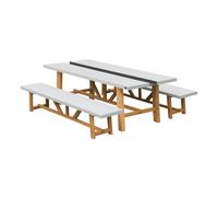 AXI Aaron Salon de Jardin, Table et 2 bancs, Blanc /Marron - 6/8 personnes | Ensemble extérieur / Salon en bois aspect pierre calcaire et bois d'acacia