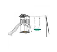 AXI – Aire de jeux Beach Tower – toboggan blanc, balançoire nid vert, bac à sable – Gris/Blanc