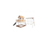 AXI Maison enfant Liam – Bac à sable, 2 balançoires et toboggan gris en bois