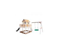 Axi Liam Maison Enfant Avec Bac À Sable, Balançoire Nid D'Oiseau Vert & Toboggan Gris | Aire De Jeux Pour L'Extérieur En Marron & Blanc | Maisonnette / Cabane De Jeu En Bois Fsc