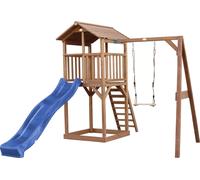 Tour de jeu en bois marron avec grand toboggan balançoire bleu TU