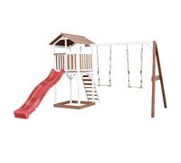 AXI Beach Tower Aire de Jeux avec Toboggan en rouge, 2 Balançoires & Bac à Sable | Grande Maison enfant extérieur en marron & Blanc | Cabane de Jeu en Bois FSC
