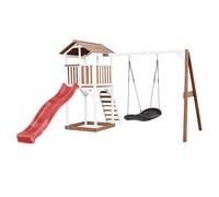 Axi Beach Tower Aire De Jeux Avec Toboggan En Rouge, Balançoire Nid D'Oiseau Noir & Bac À Sable | Grande Maison Enfant Extérieur En Marron & Blanc | Cabane De Jeu En Bois Fsc