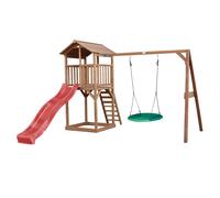 Axi Beach Tower Aire De Jeux Avec Toboggan En Rouge, Balançoire Nid D'Oiseau Vert & Bac À Sable | Grande Maison Enfant Extérieur En Marron | Cabane De Jeu En Bois Fsc