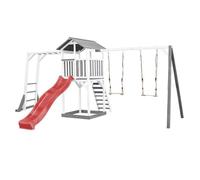 AXI Beach Tower Aire de Jeux avec Toboggan en Rouge, Cadre d'escalade, 2 Balançoires & Bac à Sable | Grande Maison Enfant extérieur