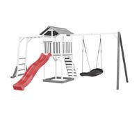 AXI Beach Tower Aire de Jeux avec Toboggan en Rouge, Cadre d'escalade, Balançoire Nid d'oiseau Noir & Bac à Sable | Grande Maison Enfant extérieur en Gris & Blanc | Cabane de Jeu en Bois FSC