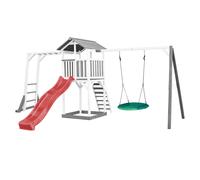 AXI Beach Tower Aire de Jeux avec Toboggan en Rouge, Cadre d'escalade, Balançoire Nid d'oiseau Vert & Bac à Sable | Grande Maison Enfant extérieur en Gris & Blanc | Cabane de Jeu en Bois FSC