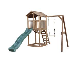 AXI Beach Tower Aire de Jeux avec Toboggan en Vert, Balançoire & Bac à Sable | Grande Maison enfant extérieur en marron | Cabane de Jeu en Bois FSC