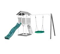 Axi Beach Tower Aire De Jeux Avec Toboggan En Vert, Balançoire Nid D'Oiseau Vert & Bac À Sable | Grande Maison Enfant Extérieur En Gris & Blanc | Cabane De Jeu En Bois Fsc