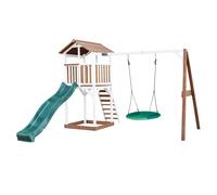 Axi Beach Tower Aire De Jeux Avec Toboggan En Vert, Balançoire Nid D'Oiseau Vert & Bac À Sable | Grande Maison Enfant Extérieur En Marron & Blanc | Cabane De Jeu En Bois Fsc