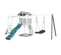 AXI Beach Tower Aire de Jeux avec Toboggan en Vert, Cadre d'escalade, Balançoire Nid d'oiseau Noir & Bac à Sable | Grande Maison Enfant extérieur en Gris & Blanc | Cabane de Jeu en Bois FSC