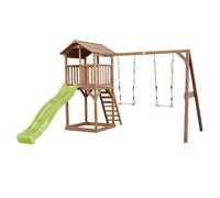 AXI Beach Tower Aire de Jeux avec Toboggan en Vert clair, 2 Balançoires & Bac à Sable | Grande Maison enfant extérieur en marron | Cabane de Jeu en Bois FSC