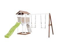 AXI Beach Tower Aire de Jeux avec Toboggan en Vert Clair, 2 Balançoires & Bac à Sable | Grande Maison Enfant extérieur en Marron & Blanc | Cabane de Jeu en Bois FSC