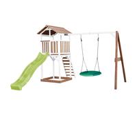 Axi Beach Tower Aire De Jeux Avec Toboggan En Vert Clair, Balançoire Nid D'Oiseau Vert & Bac À Sable | Grande Maison Enfant Extérieur En Marron & Blanc | Cabane De Jeu En Bois Fsc
