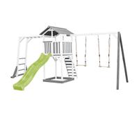 AXI Beach Tower Aire de Jeux avec Toboggan en Vert Clair, Cadre d'escalade, 2 Balançoires & Bac à Sable | Grande Maison Enfant extérieur en Gris & Blanc | Cabane de Jeu en Bois FSC