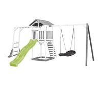 AXI Beach Tower Aire de Jeux avec Toboggan en Vert Clair, Cadre d'escalade, Balançoire Nid d'oiseau Noir & Bac à Sable | Grande Maison Enfant extérieur en Gris & Blanc | Cabane de Jeu en Bois FSC