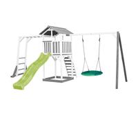 AXI Beach Tower Aire de Jeux avec Toboggan en Vert Clair, Cadre d'escalade, Balançoire Nid d'oiseau Vert & Bac à Sable | Grande Maison Enfant extérieur en Gris & Blanc | Cabane de Jeu en Bois FSC