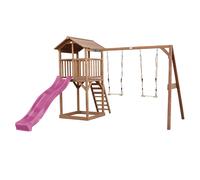Axi Beach Tower Aire De Jeux Avec Toboggan En Violet, 2 Balançoires & Bac À Sable | Grande Maison Enfant Extérieur En Marron | Cabane De Jeu En Bois Fsc