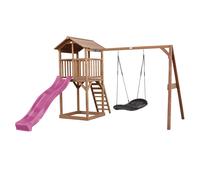 Axi Beach Tower Aire De Jeux Avec Toboggan En Violet, Balançoire Nid D'Oiseau Noir & Bac À Sable | Grande Maison Enfant Extérieur En Marron | Cabane De Jeu En Bois Fsc