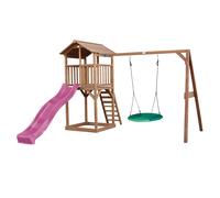 Axi Beach Tower Aire De Jeux Avec Toboggan En Violet, Balançoire Nid D'Oiseau Vert & Bac À Sable | Grande Maison Enfant Extérieur En Marron | Cabane De Jeu En Bois Fsc