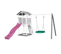 Axi Beach Tower Aire De Jeux Avec Toboggan En Violet, Balançoire Nid D'Oiseau Vert & Bac À Sable | Grande Maison Enfant Extérieur En Gris & Blanc | Cabane De Jeu En Bois Fsc