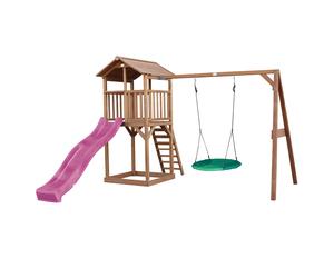 Axi Beach Tower Aire De Jeux Avec Toboggan En Violet, Balançoire Nid D'Oiseau Vert & Bac À Sable | Grande Maison Enfant Extérieur En Marron | Cabane De Jeu En Bois Fsc