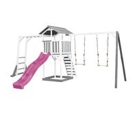AXI Beach Tower Aire de Jeux avec Toboggan en Violet, Cadre d'escalade, 2 Balançoires & Bac à Sable | Grande Maison Enfant extérieur en Gris & Blanc | Cabane de Jeu en Bois FSC