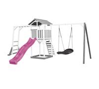 AXI Beach Tower Aire de Jeux avec Toboggan en Violet, Cadre d'escalade, Balançoire Nid d'oiseau Noir & Bac à Sable | Grande Maison Enfant extérieur en Gris & Blanc | Cabane de Jeu en Bois FSC