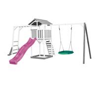 AXI Beach Tower Aire de Jeux avec Toboggan en Violet, Cadre d'escalade, Balançoire Nid d'oiseau Vert & Bac à Sable | Grande Maison Enfant extérieur en Gris & Blanc | Cabane de Jeu en Bois FSC