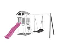 Axi Beach Tower Aire De Jeux Blanc Avec Toboggan En Violet, Balançoire Nid D'Oiseau Noir & Bac À Sable | Grande Maison Enfant Extérieur En Gris & Blanc | Cabane De Jeu En Bois Fsc