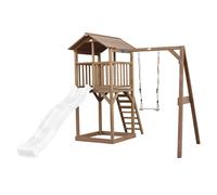 Tour de jeu en bois marron avec grand toboggan balançoire blanc TU
