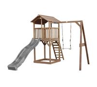 Tour de jeu en bois marron avec grand toboggan balançoire gris TU