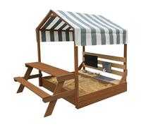 AXI Bo Bac à Sable et Maisonnette en Bois - avec Cuisine, Toit et Table de Pique-Nique - Marron | Avec Accessoires 6 pièces | Inclus Bâche de Sol et Housse de Protection | 159 x 105 cm