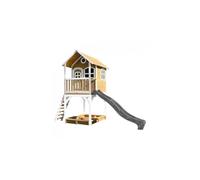 AXI Maisonnette Sarah – Cabane de jeu en bois FSC avec bac à sable et toboggan gris, marron et blanc