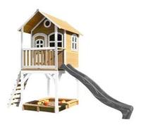 AXI Maisonnette Sarah – Cabane de jeu en bois FSC avec bac à sable et toboggan gris, marron et blanc