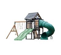 AXI Cody Aire de Jeux en Bois, 2 Balançoires, Toboggan Tubulaire et Double Toboggan Vert Pastel | Maisonnette XXL pour Enfants avec